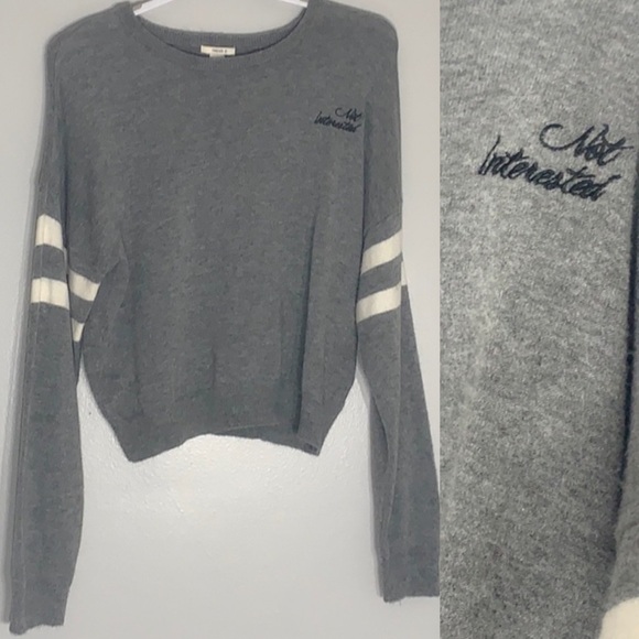 Forever 21 Not Interested Letterman Crewneck Sweater grey medium academia - Picture 1 of 9